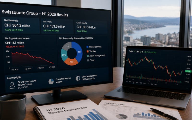 Swissquote Group enters the second half of 2026 with record client assets and resilient banking growth, but a 66.2% plunge in crypto income has pressured its full-year outlook and renewed investor focus on earnings diversification. Representative image.