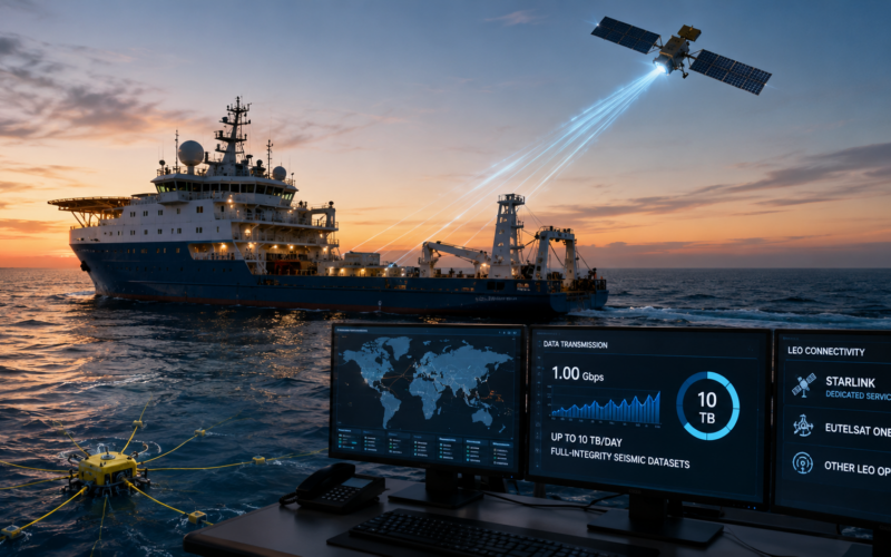 TGS is upgrading seismic data operations with Speedcast’s multi-LEO satellite connectivity, targeting faster ship-to-shore transfer of datasets as large as 10 terabytes per day at upload speeds of up to 1 Gbps. Representative image.
