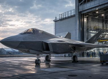Next-generation fighter aircraft outside a defence production hangar, illustrating how the UK-Japan-Italy Global Combat Air Programme is moving into a £4.6bn design phase as partners target a 2035 sixth-generation combat aircraft. Representative image.