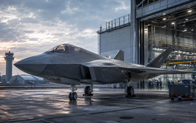 Next-generation fighter aircraft outside a defence production hangar, illustrating how the UK-Japan-Italy Global Combat Air Programme is moving into a £4.6bn design phase as partners target a 2035 sixth-generation combat aircraft. Representative image.