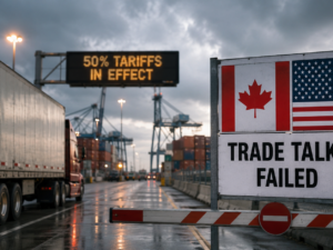 US-Canada trade tensions intensified after last-minute negotiations collapsed, triggering 50% US tariffs on roughly C$28 billion of Canadian goods and a pledge of equivalent retaliation from Prime Minister Mark Carney. Representative image.
