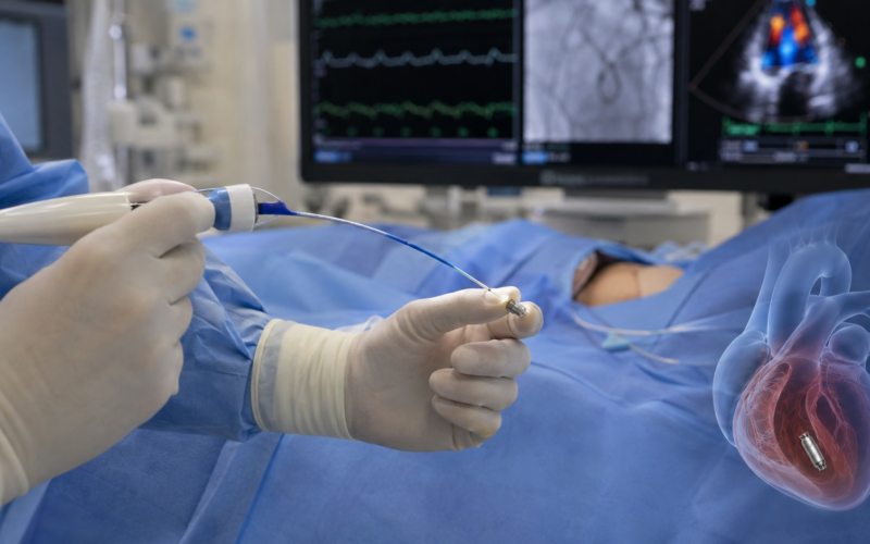 A leadless pacemaker is delivered through a catheter during a minimally invasive cardiac procedure, illustrating how next-generation pacing systems are eliminating traditional leads and reshaping cardiac rhythm care. Representative image.