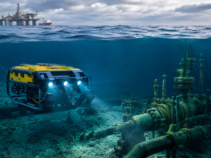 A resident subsea robot inspects offshore oil and gas infrastructure, illustrating how autonomous systems could reduce vessel dependence, offshore crew exposure and the cost of routine subsea inspection and maintenance. Representative image.