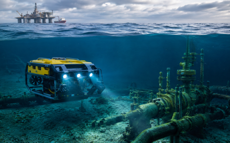 A resident subsea robot inspects offshore oil and gas infrastructure, illustrating how autonomous systems could reduce vessel dependence, offshore crew exposure and the cost of routine subsea inspection and maintenance. Representative image.
