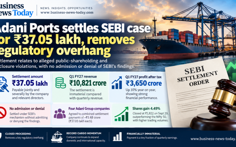 Adani Ports infographic showing the ₹37.05 lakh SEBI settlement, Q1 FY27 revenue of ₹10,821 crore, profit after tax of ₹3,650 crore and a 4.49% share-price gain.