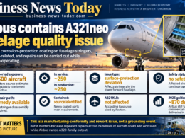 Editorial infographic explaining Airbus’s A321neo fuselage quality issue, highlighting roughly 500 aircraft reportedly affected, about 250 already in service, 250 in production, a surface-protection deviation on lower forward fuselage stringers, and Airbus’s statement that there is no safety risk.