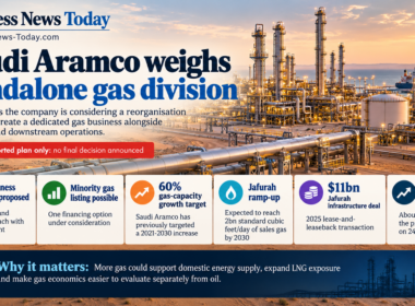 Editorial infographic on Saudi Aramco’s reported plan to create a standalone gas division, highlighting Jafurah growth, a possible minority listing, gas-capacity targets and recent share performance.