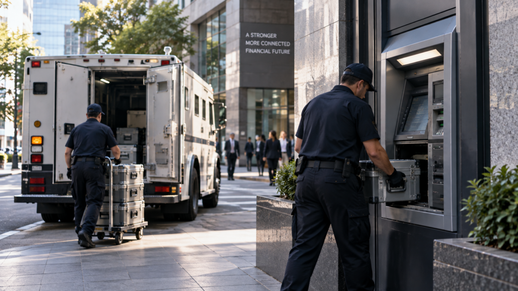 Armored cash logistics teams service an urban ATM network, illustrating how The Brink’s Company and NCR Atleos Corporation aim to reorganize physical cash access through their proposed $6.6 billion financial-infrastructure merger. Representative image.