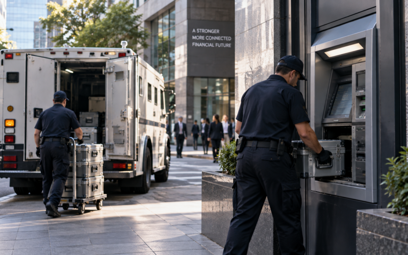 Armored cash logistics teams service an urban ATM network, illustrating how The Brink’s Company and NCR Atleos Corporation aim to reorganize physical cash access through their proposed $6.6 billion financial-infrastructure merger. Representative image.