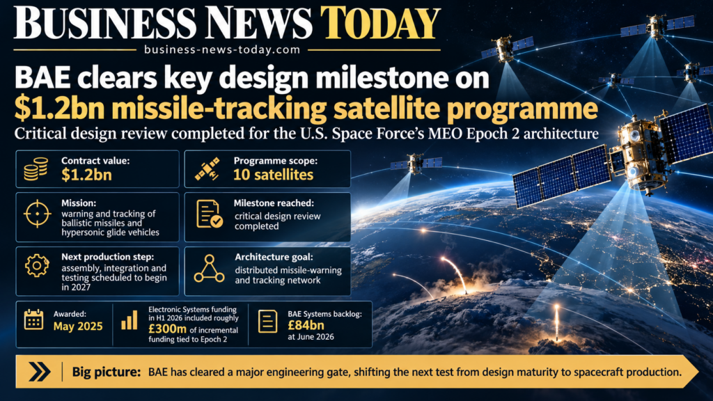 Editorial infographic showing BAE Systems’ $1.2 billion U.S. Space Force MEO Epoch 2 missile-warning programme, highlighting 10 satellites, completion of the critical design review and planned assembly, integration and testing from 2027.