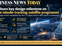 Editorial infographic showing BAE Systems’ $1.2 billion U.S. Space Force MEO Epoch 2 missile-warning programme, highlighting 10 satellites, completion of the critical design review and planned assembly, integration and testing from 2027.