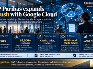 Editorial infographic on BNP Paribas’ five-year Google Cloud partnership, highlighting Gemini AI integration, access for more than 65,000 employees, planned credit and trading use cases, and a multi-cloud, multi-model strategy.