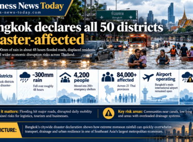 Editorial infographic showing severe flooding across Bangkok after nearly 300 millimetres of rain in about 48 hours, with all 50 districts declared disaster-affected, 4,200 people in shelters and more than 84,000 people affected across Thailand.