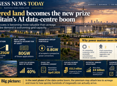 Editorial infographic on Britain’s AI data-centre boom, highlighting UK large power-connection applications rising from 41GW to 125GW, at least 80GW linked to data-centre projects, and Harworth Group’s roughly 0.8GW powered-land portfolio.