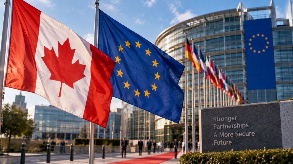 Canadian and European Union flags outside a diplomatic institution illustrate Canada’s exploratory push for deeper economic and strategic ties with the European Union as Prime Minister Mark Carney weighs possible associate membership amid strained United States trade relations. Representative image.