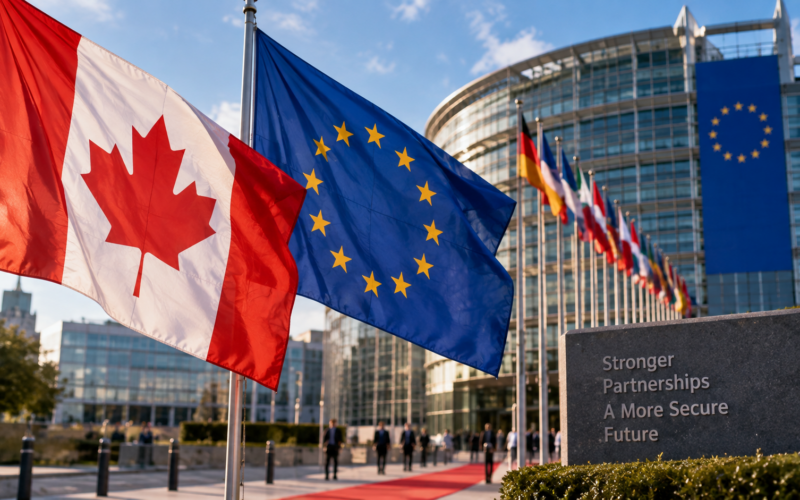 Canadian and European Union flags outside a diplomatic institution illustrate Canada’s exploratory push for deeper economic and strategic ties with the European Union as Prime Minister Mark Carney weighs possible associate membership amid strained United States trade relations. Representative image.