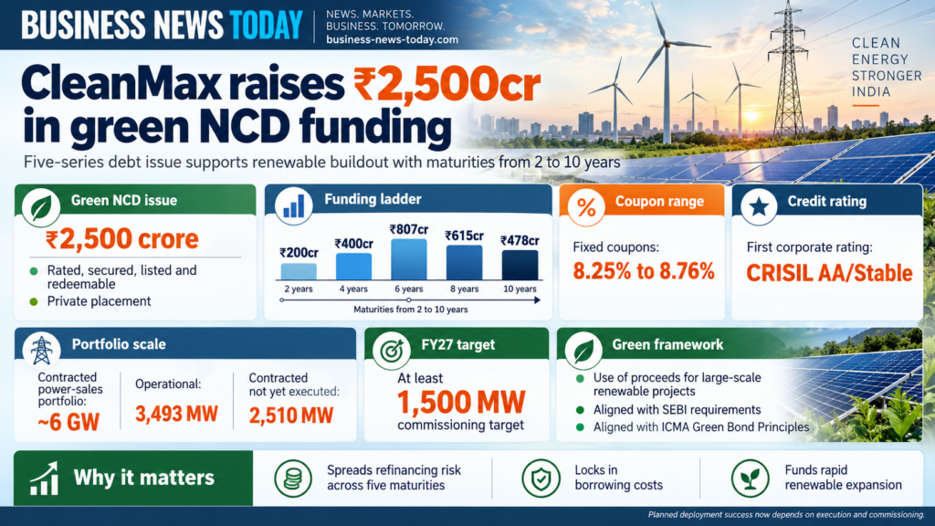 Business News Today infographic on CleanMax’s ₹2,500 crore green NCD issuance, showing five debt series with maturities from two to 10 years, fixed coupons of 8.25% to 8.76%, a CRISIL AA/Stable rating, a roughly 6 GW contracted renewable portfolio and a 1,500 MW FY27 commissioning target.