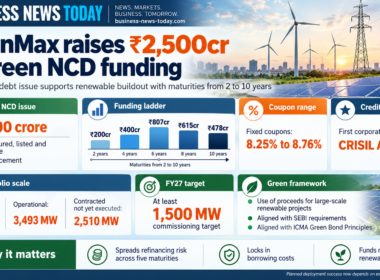 Business News Today infographic on CleanMax’s ₹2,500 crore green NCD issuance, showing five debt series with maturities from two to 10 years, fixed coupons of 8.25% to 8.76%, a CRISIL AA/Stable rating, a roughly 6 GW contracted renewable portfolio and a 1,500 MW FY27 commissioning target.