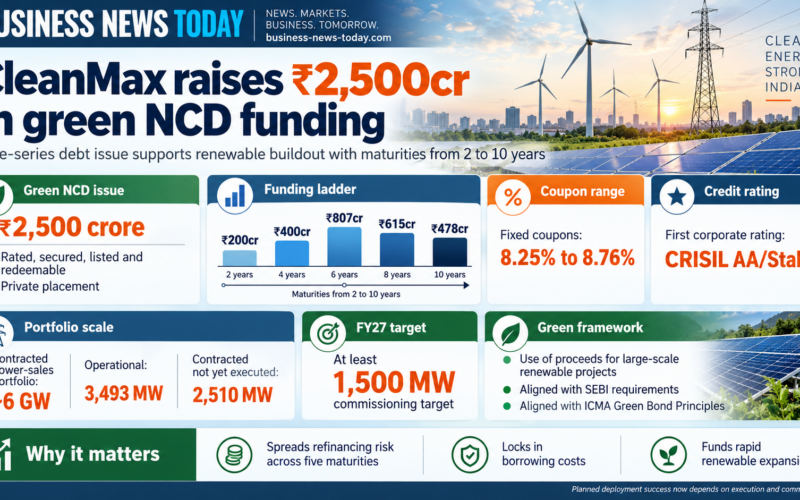 Business News Today infographic on CleanMax’s ₹2,500 crore green NCD issuance, showing five debt series with maturities from two to 10 years, fixed coupons of 8.25% to 8.76%, a CRISIL AA/Stable rating, a roughly 6 GW contracted renewable portfolio and a 1,500 MW FY27 commissioning target.