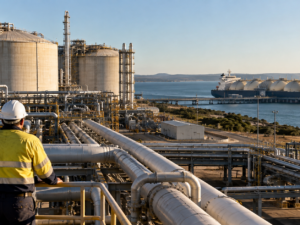 A coastal LNG terminal and export tanker illustrate the domestic gas supply debate behind Australia’s redesigned Domestic Gas Reservation Scheme, which could require LNG exporters to reserve up to 20% of gas output to help ease projected market shortfalls. Representative image.