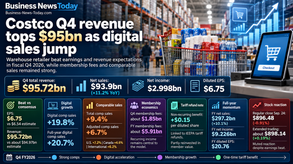 Infographic summarizing Costco Wholesale Corporation’s fiscal 2026 fourth-quarter results, including $95.72 billion in revenue, 19.8% digital comparable-sales growth, higher membership fees and a $0.15 per-share tariff-refund benefit.