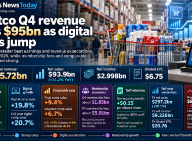 Infographic summarizing Costco Wholesale Corporation’s fiscal 2026 fourth-quarter results, including $95.72 billion in revenue, 19.8% digital comparable-sales growth, higher membership fees and a $0.15 per-share tariff-refund benefit.