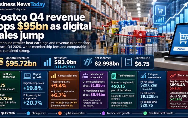 Infographic summarizing Costco Wholesale Corporation’s fiscal 2026 fourth-quarter results, including $95.72 billion in revenue, 19.8% digital comparable-sales growth, higher membership fees and a $0.15 per-share tariff-refund benefit.