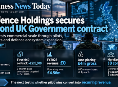 Business News Today infographic on Defence Holdings PLC securing its second UK Government contract, highlighting a six-month pilot, £226,000 first Ministry of Defence contract, £4 million June placing and Meridian’s 10-company cohort.