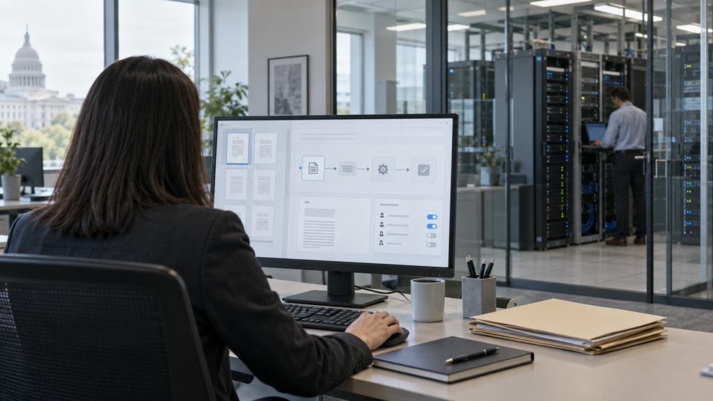 A generic enterprise data workspace illustrates OpenText and Cohere’s focus on private AI and secure information management for regulated industries. Representative image.