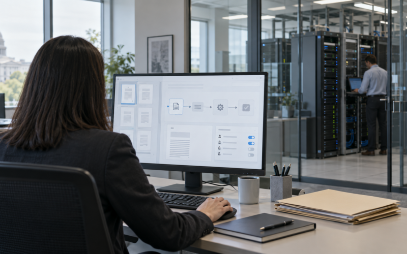 A generic enterprise data workspace illustrates OpenText and Cohere’s focus on private AI and secure information management for regulated industries. Representative image.