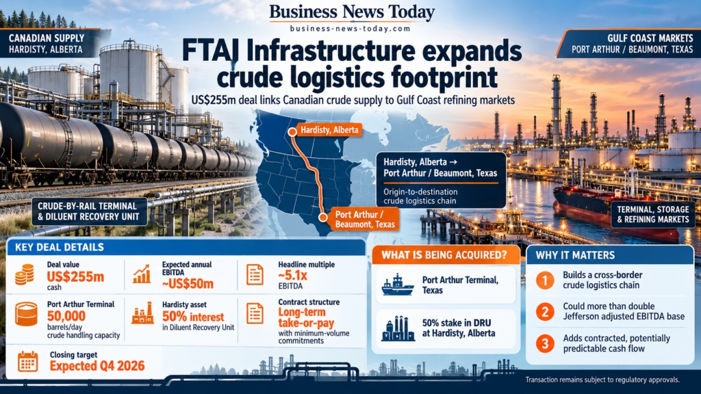 Business News Today infographic showing FTAI Infrastructure’s US$255 million acquisition of the Port Arthur Terminal in Texas and a 50% interest in the Hardisty Diluent Recovery Unit in Alberta, highlighting about US$50 million of expected annual EBITDA, a roughly 5.1x headline multiple and the cross-border crude logistics route linking Canadian supply with Gulf Coast refining markets.