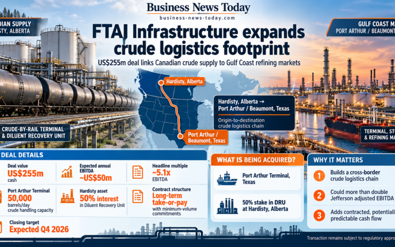 Business News Today infographic showing FTAI Infrastructure’s US$255 million acquisition of the Port Arthur Terminal in Texas and a 50% interest in the Hardisty Diluent Recovery Unit in Alberta, highlighting about US$50 million of expected annual EBITDA, a roughly 5.1x headline multiple and the cross-border crude logistics route linking Canadian supply with Gulf Coast refining markets.