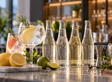 Premium tonic water and mixer bottles displayed in a modern retail setting highlight the global premium drinks market as Fevertree Drinks plc reports higher first-half earnings while investors focus on margins, United States execution, and the long-term impact of its partnership with Molson Coors Beverage Company. Representative image.