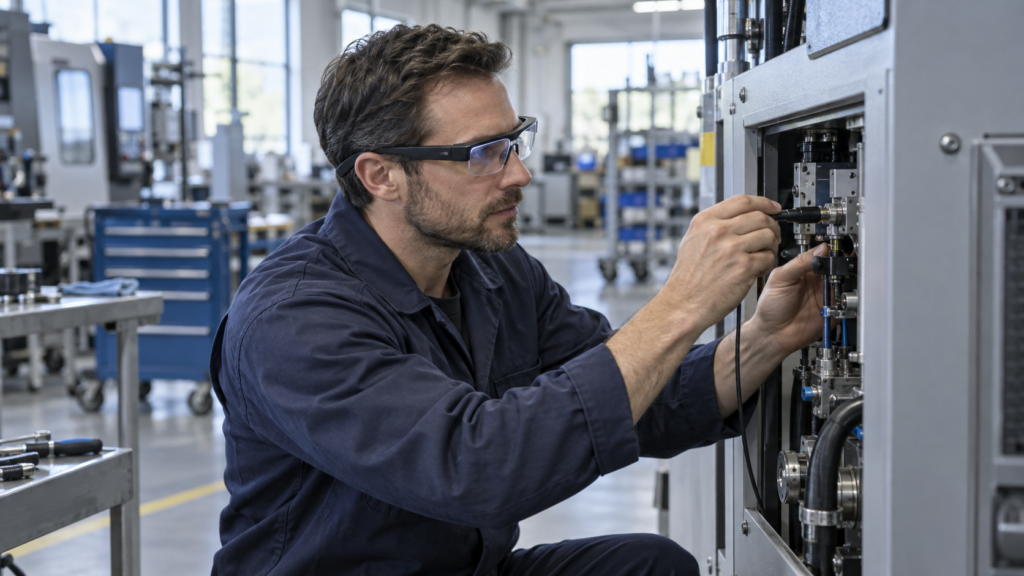 A technician wearing generic augmented-reality glasses illustrates the hands-free industrial applications targeted by Snap’s enterprise initiative. Representative image.