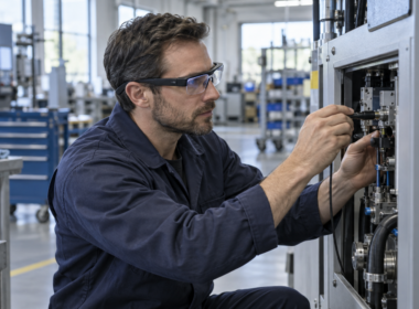 A technician wearing generic augmented-reality glasses illustrates the hands-free industrial applications targeted by Snap’s enterprise initiative. Representative image.