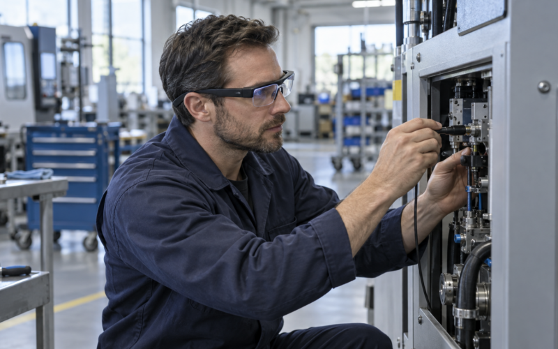 A technician wearing generic augmented-reality glasses illustrates the hands-free industrial applications targeted by Snap’s enterprise initiative. Representative image.
