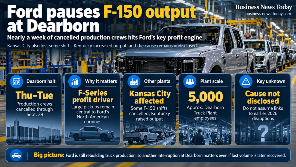 Editorial infographic showing Ford’s F-150 production pause at Dearborn Truck Plant, with cancelled crews through September 29, some Kansas City shift cancellations, increased Kentucky output and the cause still undisclosed.