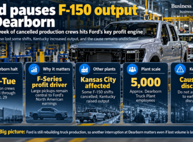 Editorial infographic showing Ford’s F-150 production pause at Dearborn Truck Plant, with cancelled crews through September 29, some Kansas City shift cancellations, increased Kentucky output and the cause still undisclosed.
