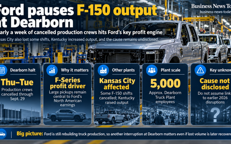 Editorial infographic showing Ford’s F-150 production pause at Dearborn Truck Plant, with cancelled crews through September 29, some Kansas City shift cancellations, increased Kentucky output and the cause still undisclosed.