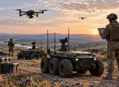 Autonomous ground vehicles and aerial drones operate during a defence technology exercise, reflecting the growing convergence of unmanned land and air systems following Swarmer, Inc.'s planned acquisition of Ratel Robotics. Representative image.