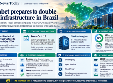 Editorial infographic on Alphabet’s plan to double Google Cloud technical infrastructure in Brazil by 2030, highlighting local Gemini processing from October 15, new São Paulo GPU capacity, rising enterprise AI-agent adoption and expanded governance and security controls.
