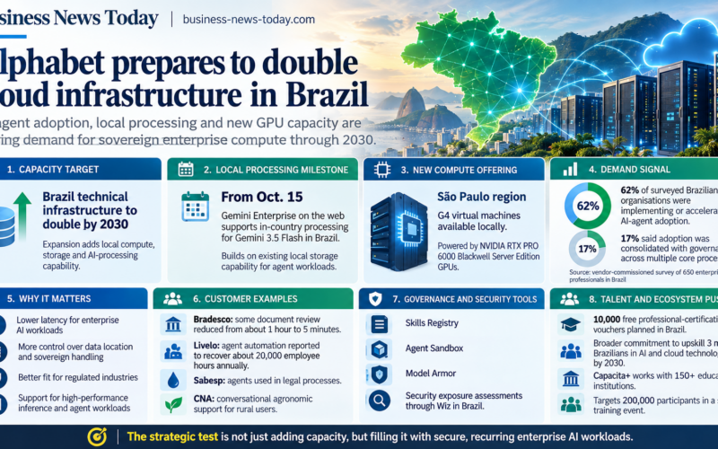 Editorial infographic on Alphabet’s plan to double Google Cloud technical infrastructure in Brazil by 2030, highlighting local Gemini processing from October 15, new São Paulo GPU capacity, rising enterprise AI-agent adoption and expanded governance and security controls.