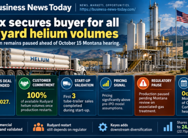 Helix Exploration infographic showing its Rudyard helium sales agreement extended through March 2027, a commitment for 100% of available production, three completed trailer sales and the October 15 Montana regulatory hearing.