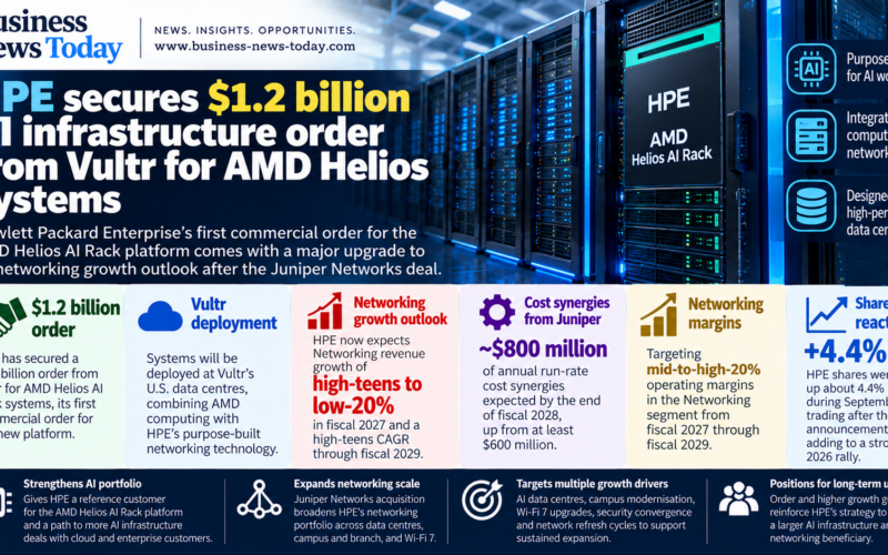 Hewlett Packard Enterprise infographic showing its $1.2 billion Vultr order for AMD Helios AI Rack systems, upgraded networking growth expectations, about $800 million of Juniper-related synergies and a 4.4% share-price gain.