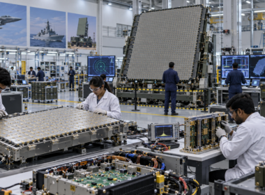 Engineers assemble advanced radar antenna array units inside a defence electronics facility, illustrating the domestic manufacturing opportunity behind Astra Microwave Products Limited’s ₹2,205.23 crore order from Hindustan Aeronautics Limited for India’s Uttam radar programme. Representative image.