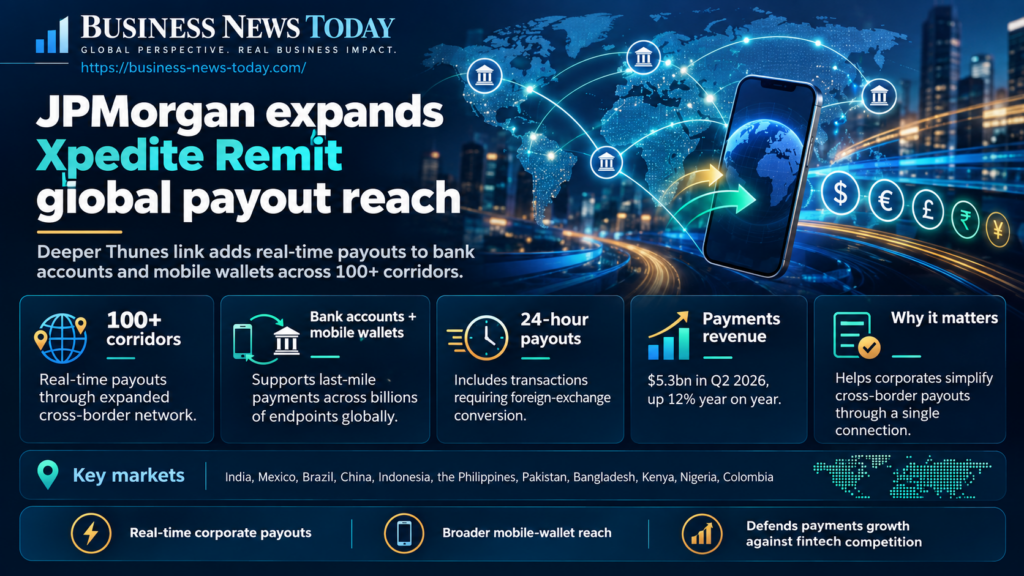 JPMorgan Xpedite Remit infographic showing real-time cross-border payouts to bank accounts and mobile wallets across more than 100 corridors, 24-hour payment capability and $5.3 billion in Q2 2026 Payments revenue.