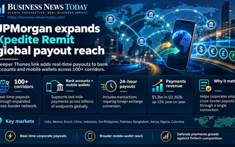 JPMorgan Xpedite Remit infographic showing real-time cross-border payouts to bank accounts and mobile wallets across more than 100 corridors, 24-hour payment capability and $5.3 billion in Q2 2026 Payments revenue.