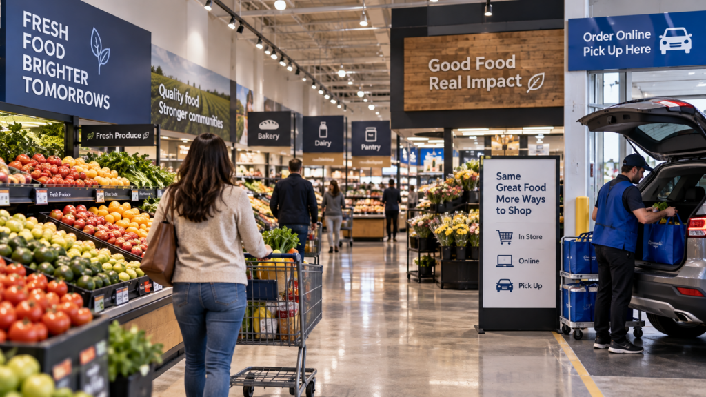 Shoppers browse fresh produce while online grocery orders are prepared for pickup, reflecting the omnichannel retail strategy driving The Kroger Co.'s earnings as digital sales growth and alternative profit streams help offset softer comparable store sales. Representative image.