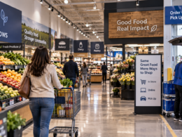 Shoppers browse fresh produce while online grocery orders are prepared for pickup, reflecting the omnichannel retail strategy driving The Kroger Co.'s earnings as digital sales growth and alternative profit streams help offset softer comparable store sales. Representative image.