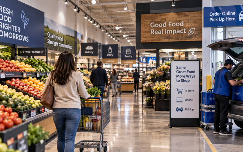 Shoppers browse fresh produce while online grocery orders are prepared for pickup, reflecting the omnichannel retail strategy driving The Kroger Co.'s earnings as digital sales growth and alternative profit streams help offset softer comparable store sales. Representative image.